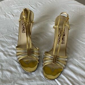 Salvatore Ferragamo Metallic Gold Strappy T‑Bar Heeled Sandals Vintage